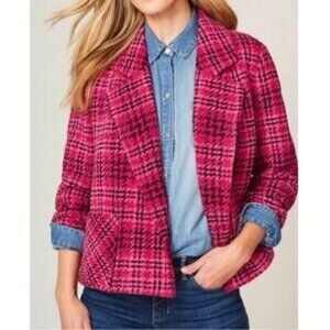 J. Jill Chenille Plaid Blazer Jacket 2X  Cherry Multi Pink NWT Open Front